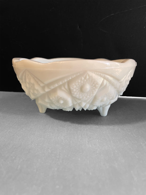 Vintage McKee Cut Milk Glass Toltec 3 footed Bowl