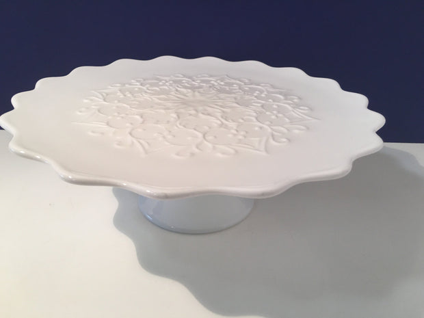 Fenton Spanish Lace  Scalloped Edge Pedestal Cake Stand/ Plate  White Milk Glass 1950s Item SPFN2611