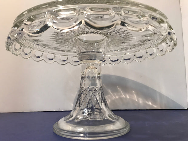 Vintage Clear Cake Stand 10” by Mckee Thumbprint has SYRUP Well in Center