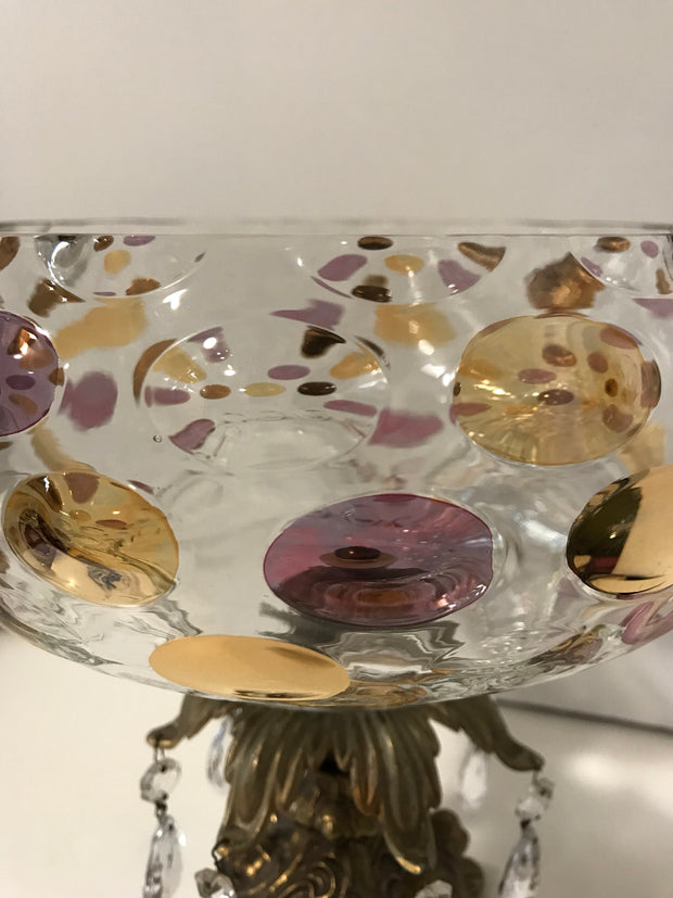 Vintage Glass Centerpiece Pedestal Bowl Large Polka Dot Thumbprint Design Italian Genuine Marble and Crystal Prisms