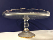 Vintage Jeanette Cake Stand Harp Pattern Gold Trim Scalloped Edges 1950s  Clear Textured Glass #9441