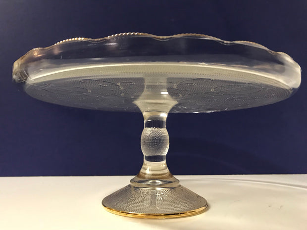 Vintage Jeanette Cake Stand Harp Pattern Gold Trim Scalloped Edges 1950s  Clear Textured Glass #9441