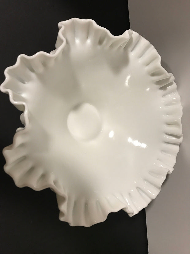 White Milk Glass by Fenton Vintage Hobnail Bowl Ruffled Edge Pedestal Cottage Chic Centerpiece