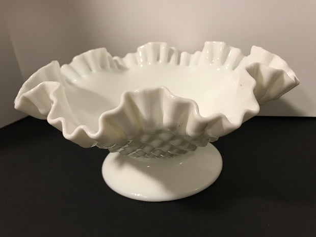 White Milk Glass by Fenton Vintage Hobnail Bowl Ruffled Edge Pedestal Cottage Chic Centerpiece