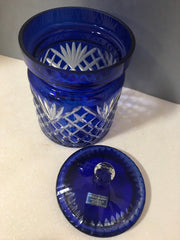 Godinger Cobalt Blue Cut to Clear Legends Handcrafted Lidded Canister 6”