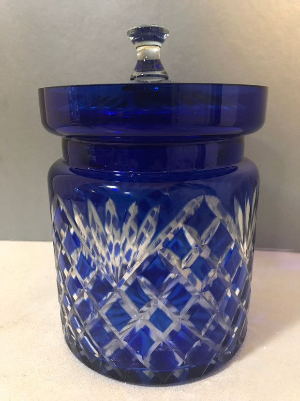 Godinger Cobalt Blue Cut to Clear Legends Handcrafted Lidded Canister 6”