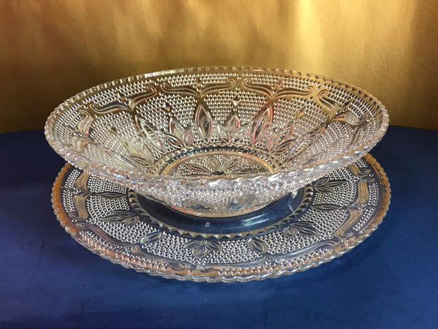 Vintage Decorative Clear Hobnail Bowl and Platter 2 pc Set Fancy Mid Century Design