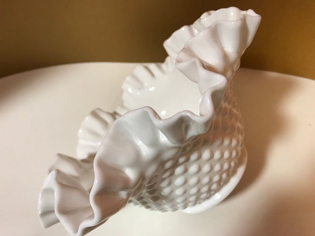 Fenton Large White Double Ruffle Hobnail Bowl 50s 60s  Milk Glass Cottage Chic  Decor Wedding