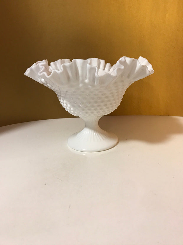 Fenton Vintage Hobnail Ruffled Ribbed Pedestal Large Wide Open Bowl Cottage Chic