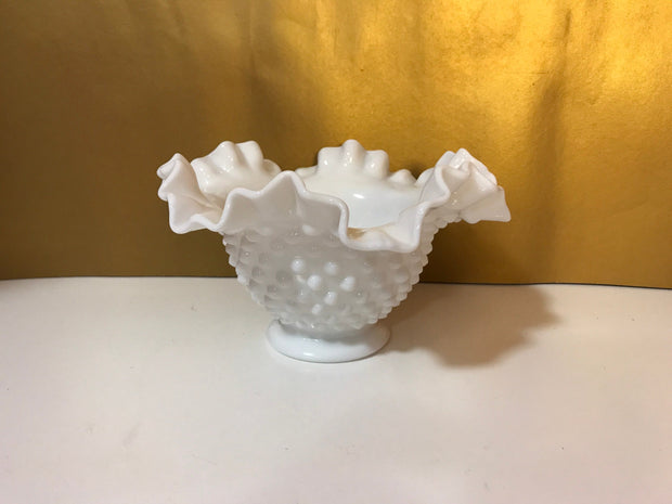 Fenton White Milk Glass Hobnail Double Ruffle Edge Small Bowl 6”x 3 3/4”