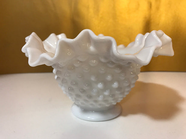 Fenton White Milk Glass Hobnail Double Ruffle Edge Small Bowl 6”x 3 3/4”