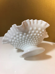 White Milk Glass by Fenton Vintage Hobnail Bowl Ruffled Edge Pedestal Cottage Chic Centerpiece