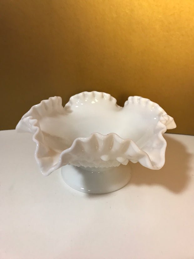 White Milk Glass by Fenton Vintage Hobnail Bowl Ruffled Edge Pedestal Cottage Chic Centerpiece