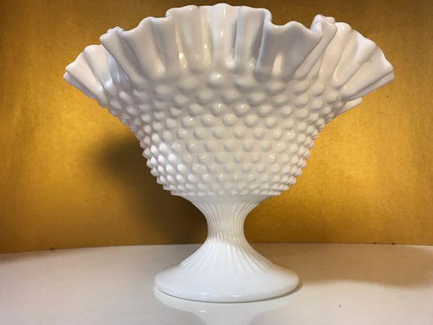 Fenton Vintage Hobnail Ruffled Ribbed Pedestal Large Wide Open Bowl Cottage Chic