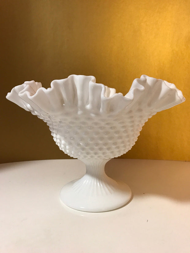 Fenton Vintage Hobnail Ruffled Ribbed Pedestal Large Wide Open Bowl Cottage Chic