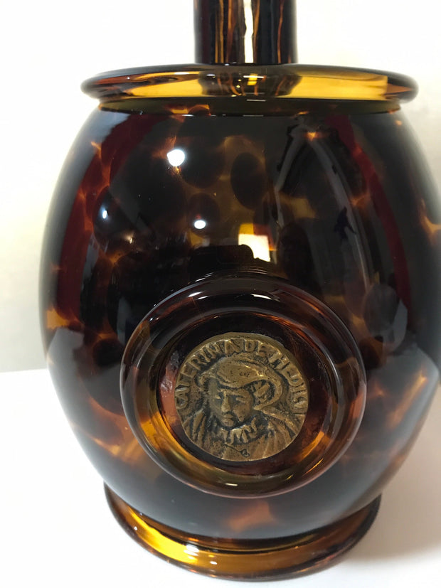 Italian Jug/ Barrel Bottle Handblown Spotted Amber Glass Brass Medallion Caterina DeMedici