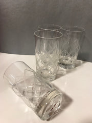 Vintage 4 pc Set Drinking Glasses Mid Century 1970s Etched Diamond Pattern Clear