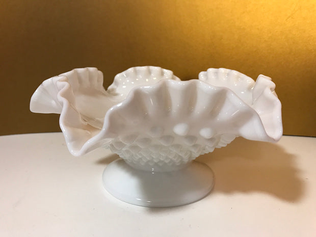 White Milk Glass by Fenton Vintage Hobnail Bowl Ruffled Edge Pedestal Cottage Chic Centerpiece