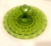 Vintage Green Glass Cake Server Tray Optic or Block Glass Design Center Handle MidCentury Modern