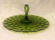 Vintage Green Glass Cake Server Tray Optic or Block Glass Design Center Handle MidCentury Modern