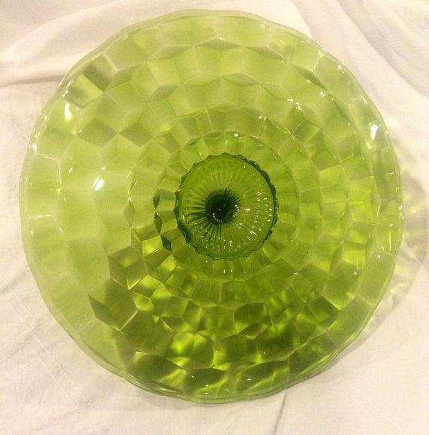 Vintage Green Glass Cake Server Tray Optic or Block Glass Design Center Handle MidCentury Modern