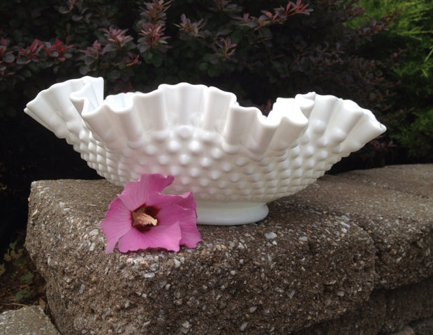 Fenton Large Double Ruffle Hobnail Bowl 50s 60s  Milk Glass