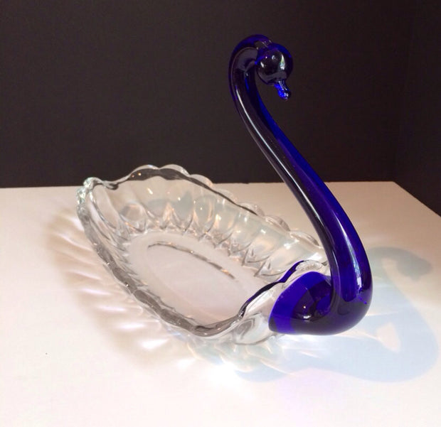 New Martinsville Duncan Miller 1930s Janice Crystal Cobalt Blue Swan Dish