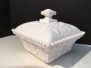 Westmoreland Large Beaded Covered Box Grapes Leaves Pattern Milk Glass  1950s