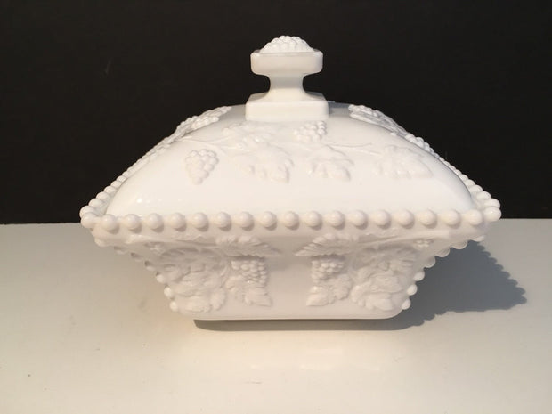 Westmoreland Large Beaded Covered Box Grapes Leaves Pattern Milk Glass  1950s