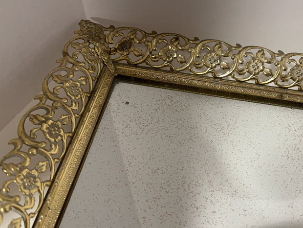 Vintage Gold Filigree Perfume Mirror Tray Rectangular Extra Large 23 5/8”x 13 1/8”