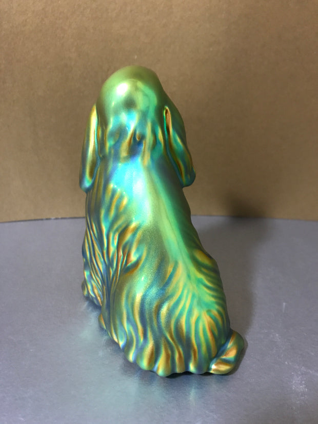 Zsolnay Eosin Porcelain Spaniel Dog Figurine Gold-Green Iridescent