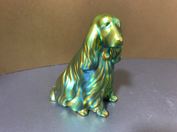 Zsolnay Eosin Porcelain Spaniel Dog Figurine Gold-Green Iridescent