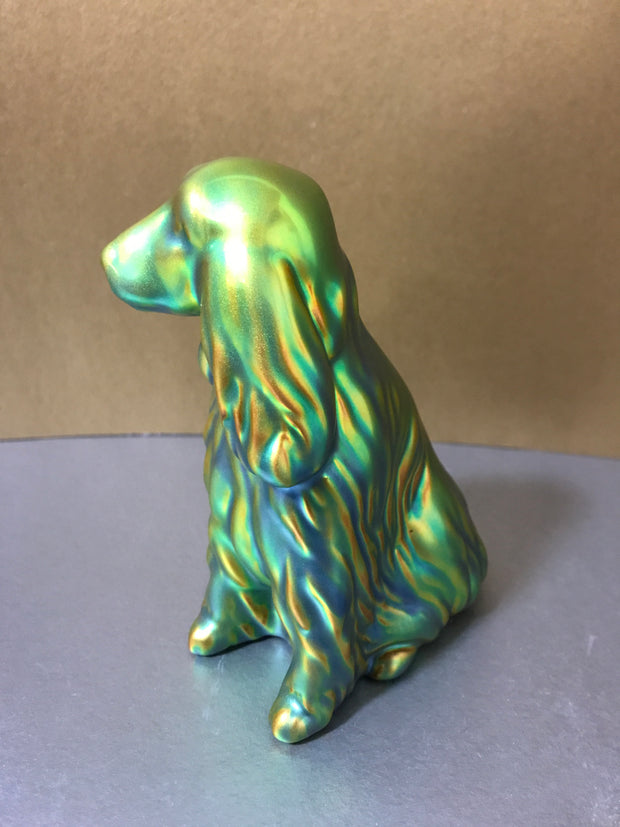 Zsolnay Eosin Porcelain Spaniel Dog Figurine Gold-Green Iridescent